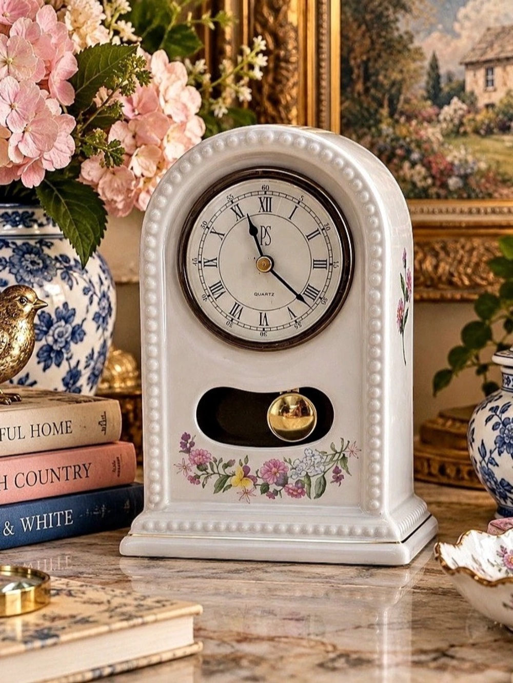 Vintage 1994 PS Limited Edition Floral Porcelain Quartz Mantel Clock White